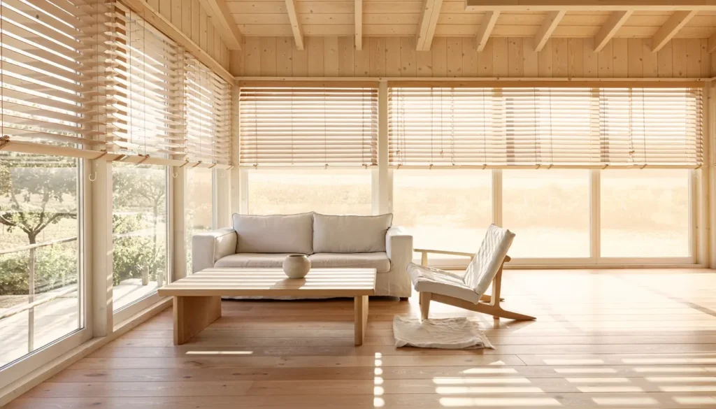 Séjour d'une maison à ossature bois resté frais en plein été, derrière des brise-soleil en bois
