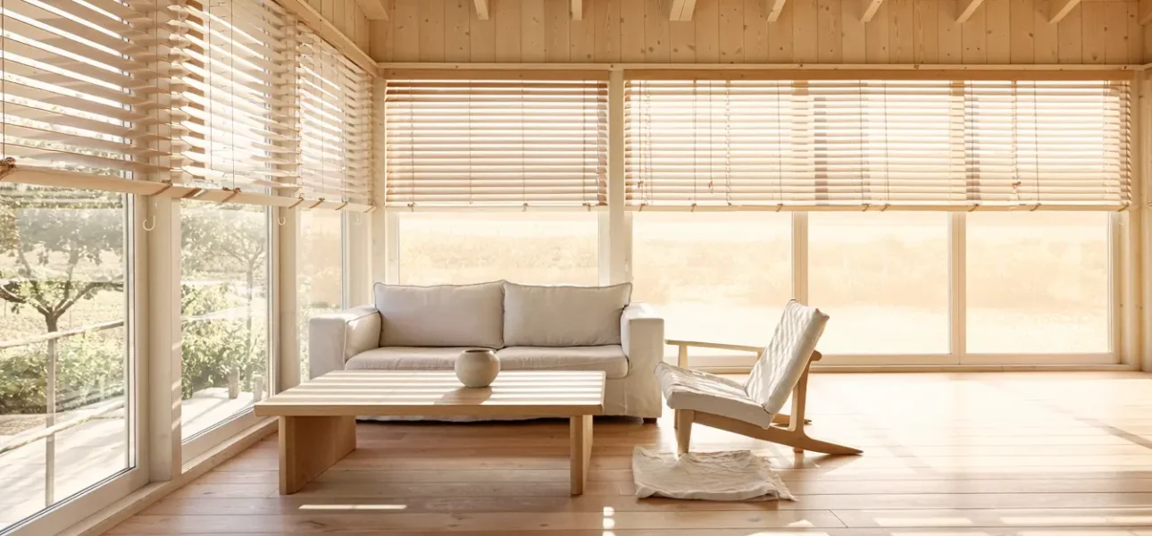 Séjour d'une maison à ossature bois resté frais en plein été, derrière des brise-soleil en bois