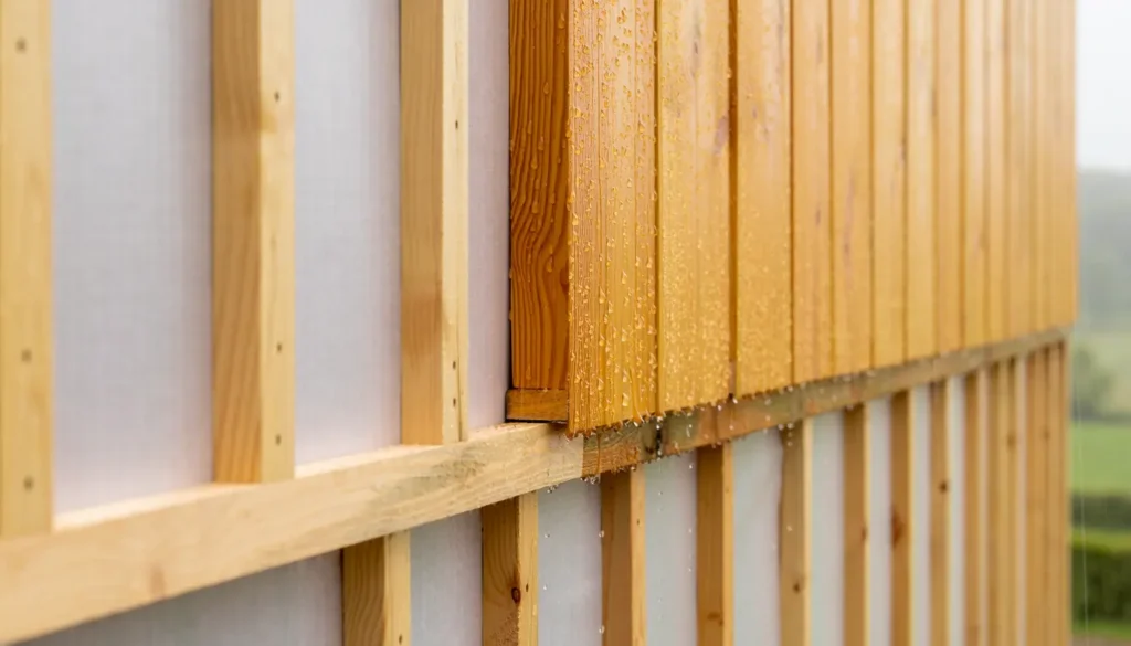 Pare-pluie, tasseaux de lame d'air ventilée et bardage mélèze sur un mur à ossature bois, sous la pluie