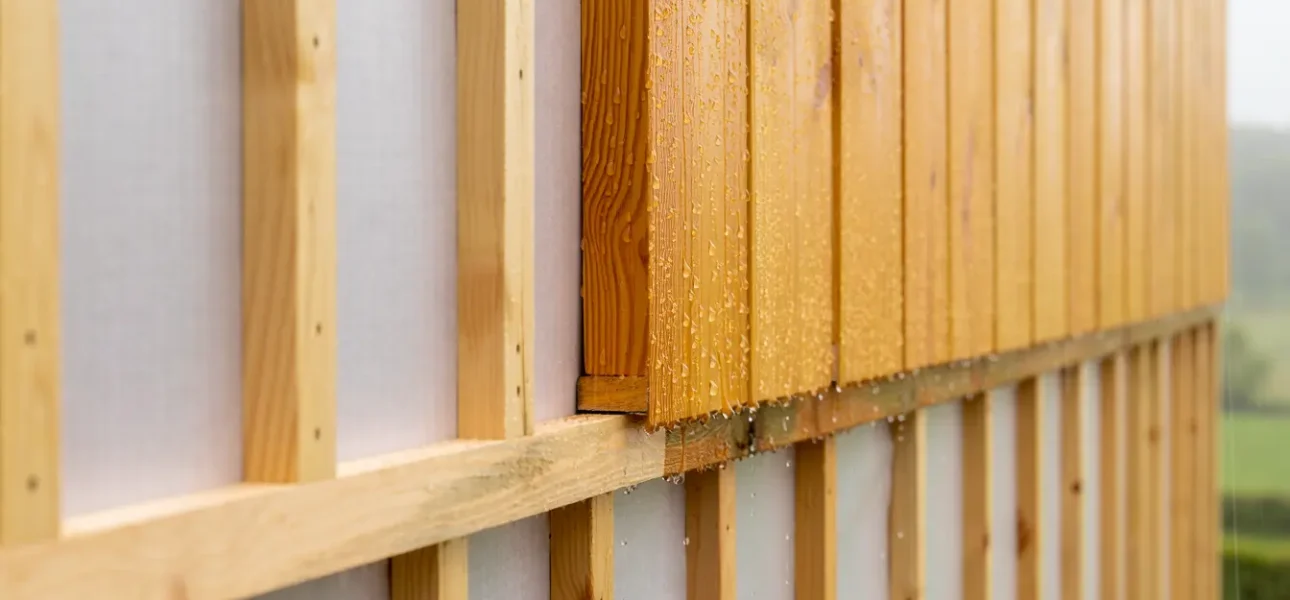Pare-pluie, tasseaux de lame d'air ventilée et bardage mélèze sur un mur à ossature bois, sous la pluie