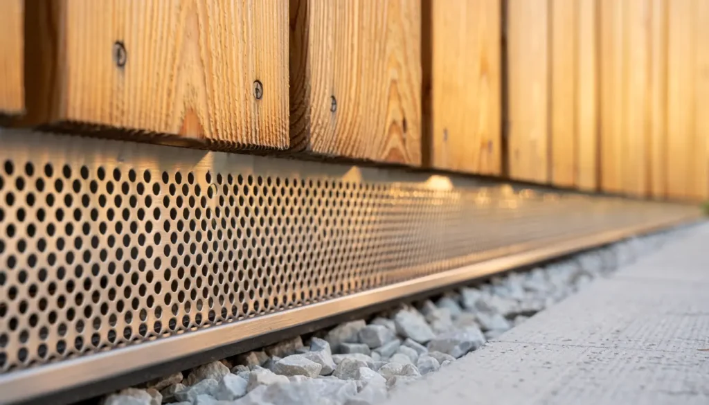 Grille anti-rongeurs en inox perforé en pied de bardage bois, fermant la lame d'air ventilée