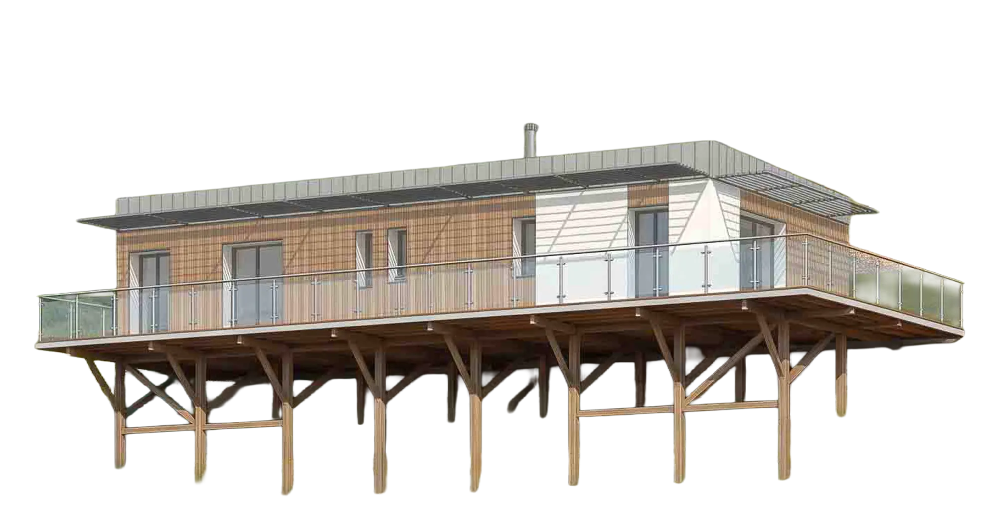 Vue 3D d’une maison passive Bomatec en ossature bois sur pilotis, avec terrasse vitrée