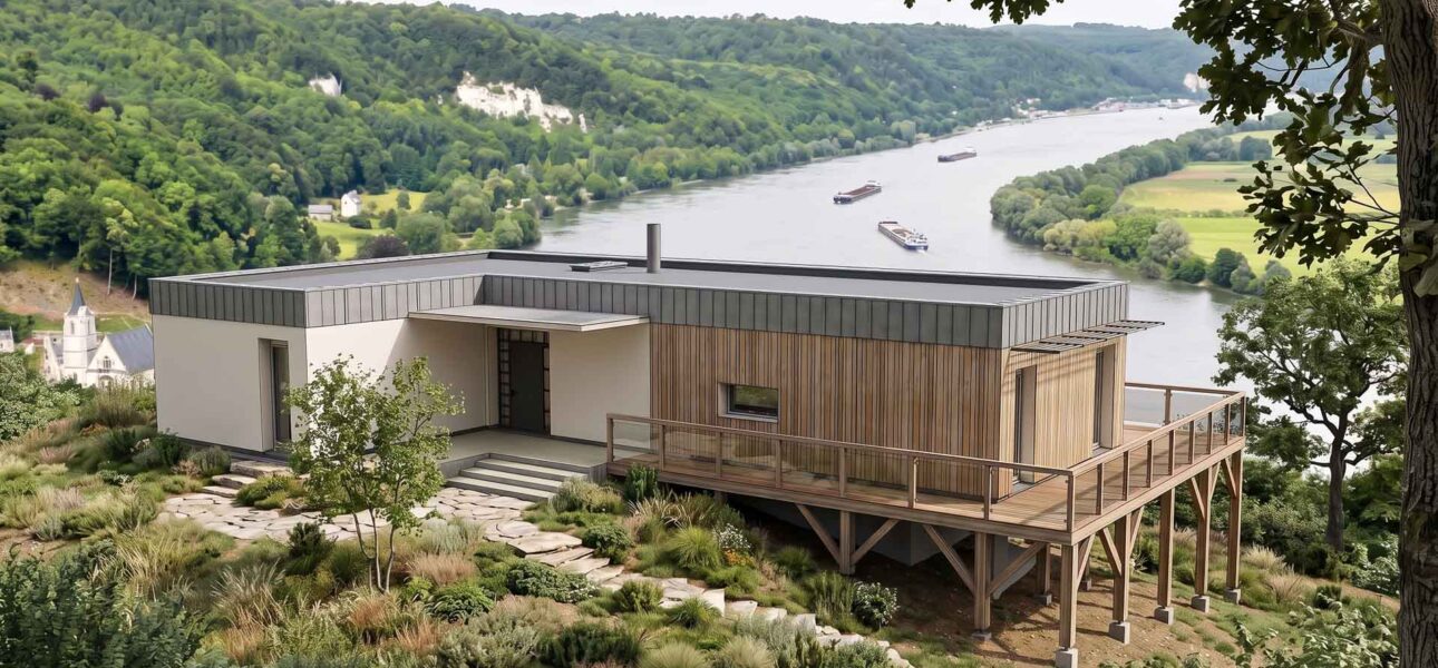 Insertion du modèle INITIALE : maison passive en bardage bois sur pilotis, vue sur la Seine