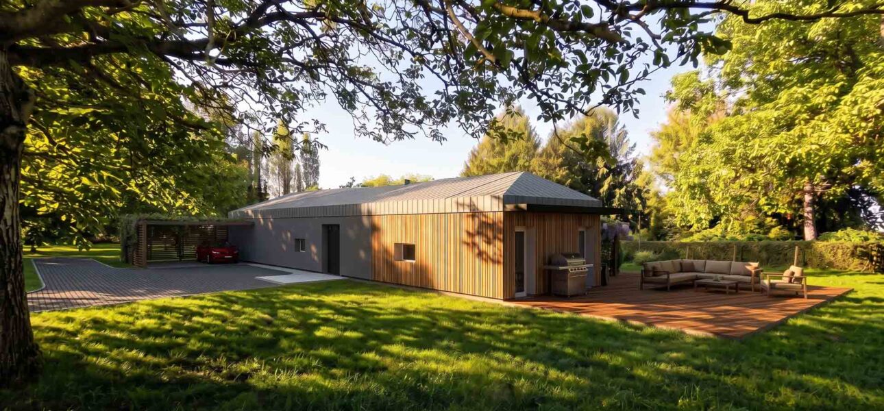 Vue 3D du modèle INSPIRE : maison passive de plain-pied en bardage bois, avec terrasse